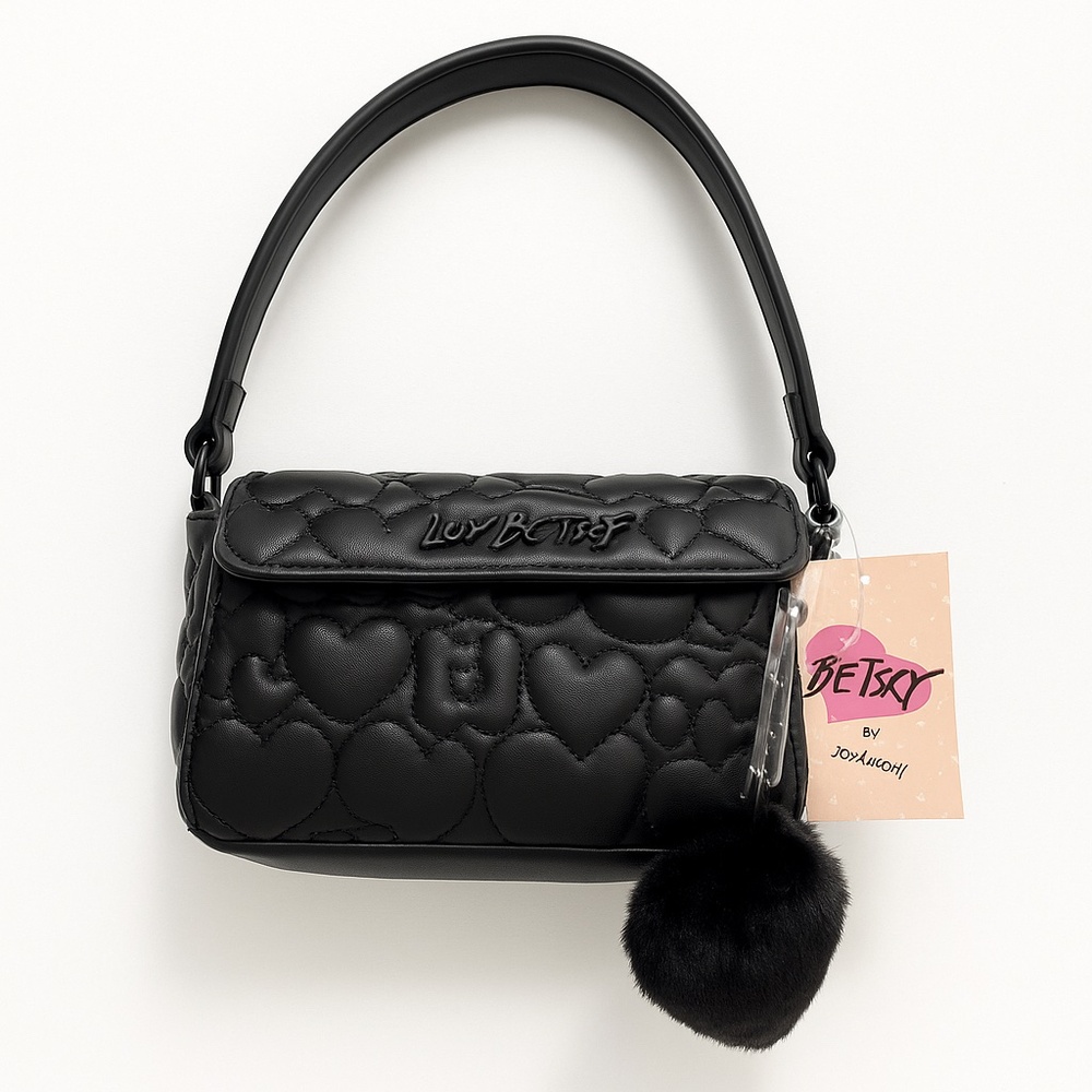 Betsey Johnson Black Quilted Heart Shoulder Bag with Pom Pom Charm
